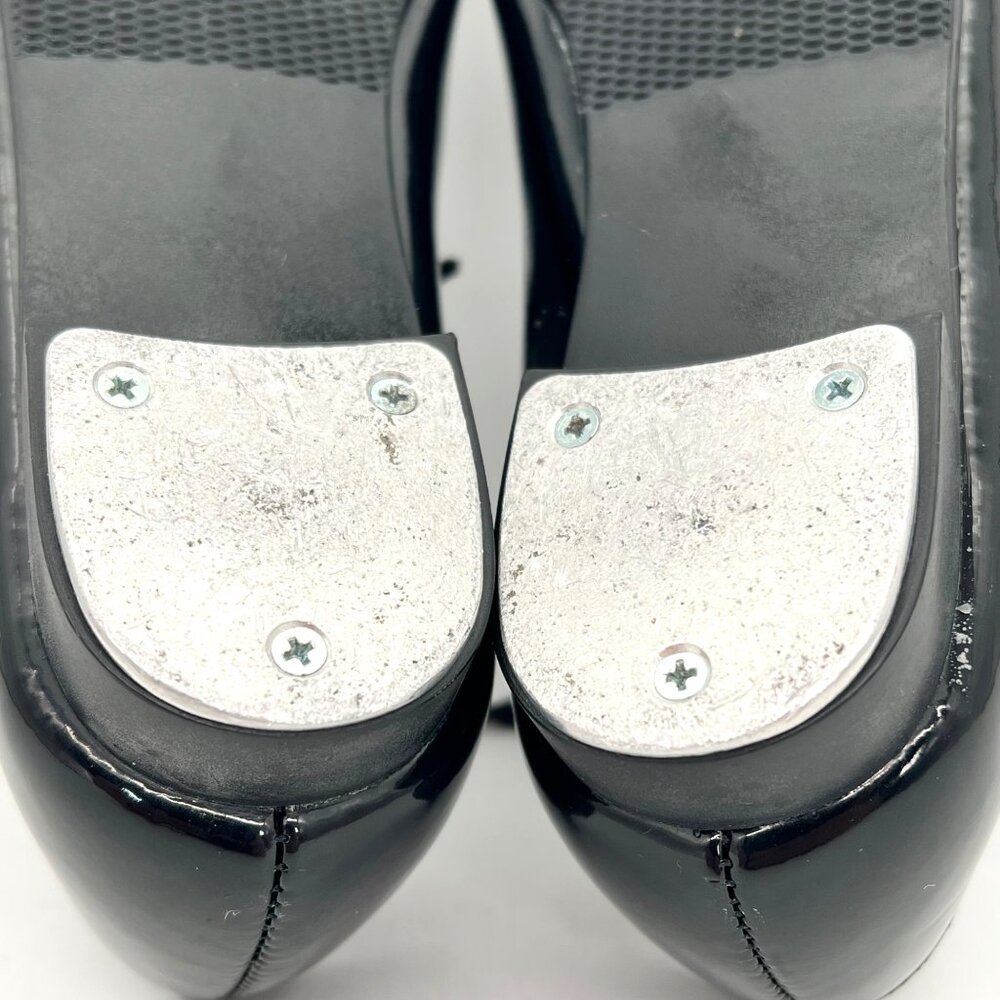 Dance Class Trimfoot Tap Shoes Girls Size 2 Black Patent Faux Leather Ribbon Tie - Picture 3 of 15